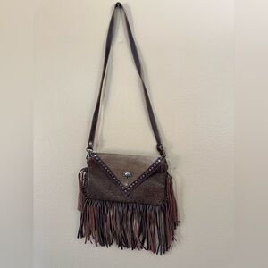 Myra Bag Brown Fringe Crossbody Bag with Embellishments